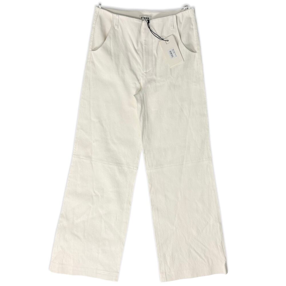 STAUD Aline White Ivory Mid Rise Lamb Leather Bootcut Pants Size 6 NEW Tags
